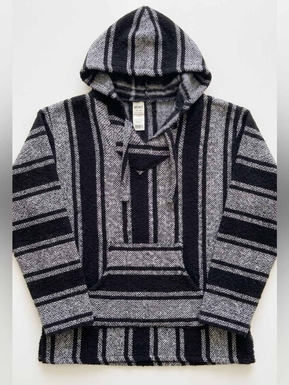 HUNT Mexican Baja Hoodie Black White Striped Pullover Poncho Drug Rug Unisex L
